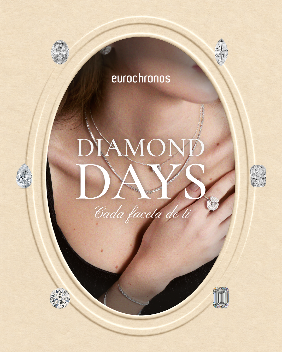 Diamond Days · Cada faceta de ti. Key visual oficial de Eurochronos con seis cortes de diamante.